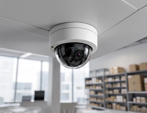 Cuisine moderne avec caméra de surveillance connectée blanche sur plan de travail en granit